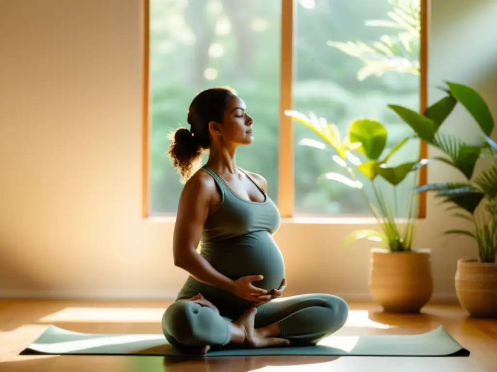 Una mujer embarazada practica yoga en un ambiente tranquilo y luminoso, fortaleciendo su sistema inmune con ejercicio durante el embarazo