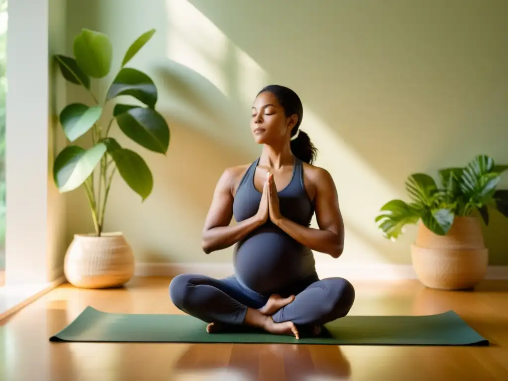 Una mujer embarazada practica yoga prenatal rodeada de naturaleza, creando una atmósfera serena y fortalecedora