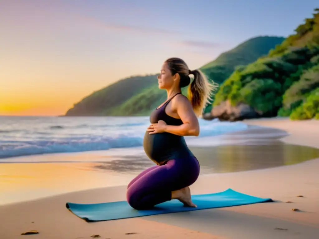 Una mujer embarazada practica yoga al amanecer en la playa, rodeada de naturaleza exuberante