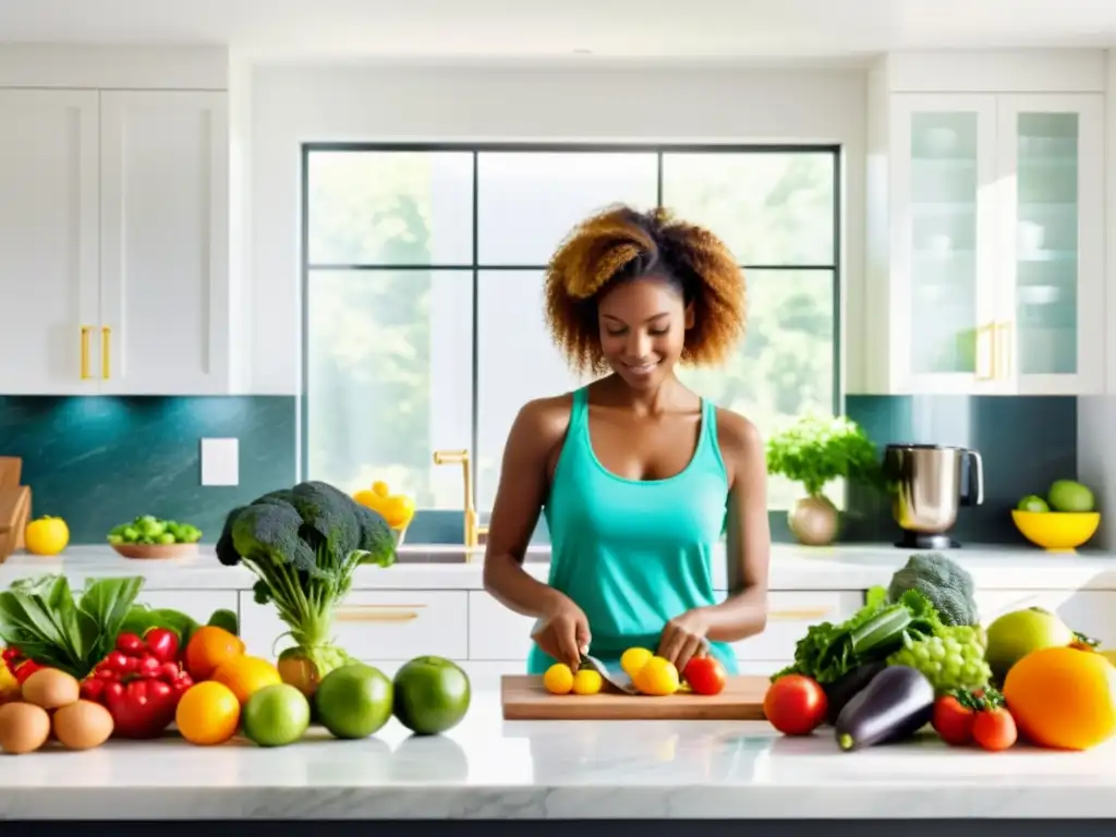 Una mujer empoderada organiza frutas y verduras en una cocina luminosa y moderna