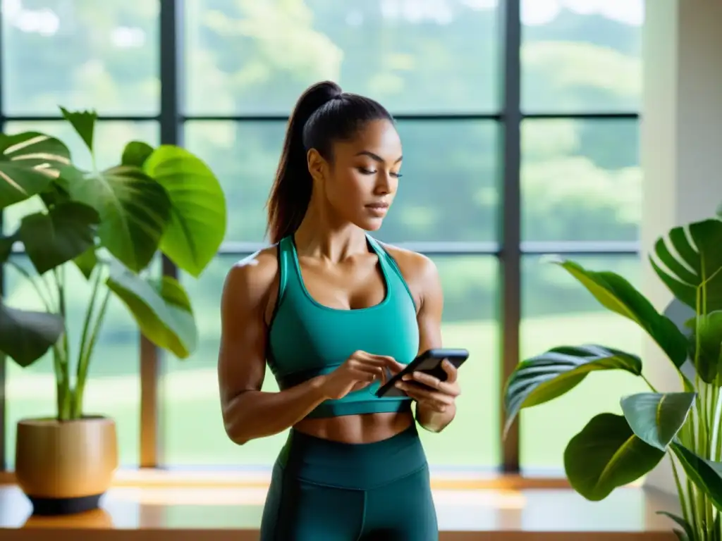 Una mujer enfocada usa una app de ejercicios en un gimnasio lleno de plantas