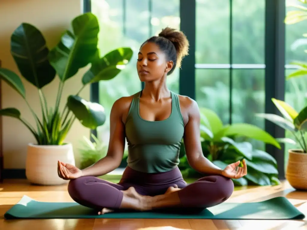 Una mujer en meditación en un entorno soleado y sereno rodeada de plantas