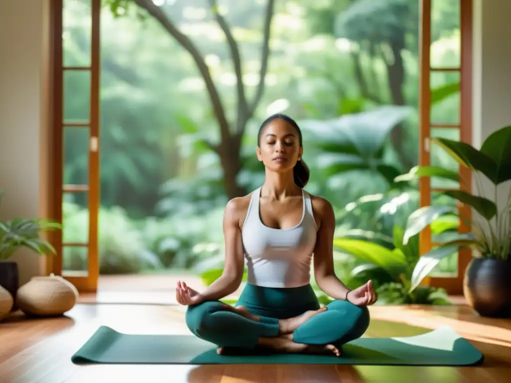 Mujer en equilibrio cuerpo mente meditando en un entorno natural sereno, rodeada de vegetación exuberante y luz natural