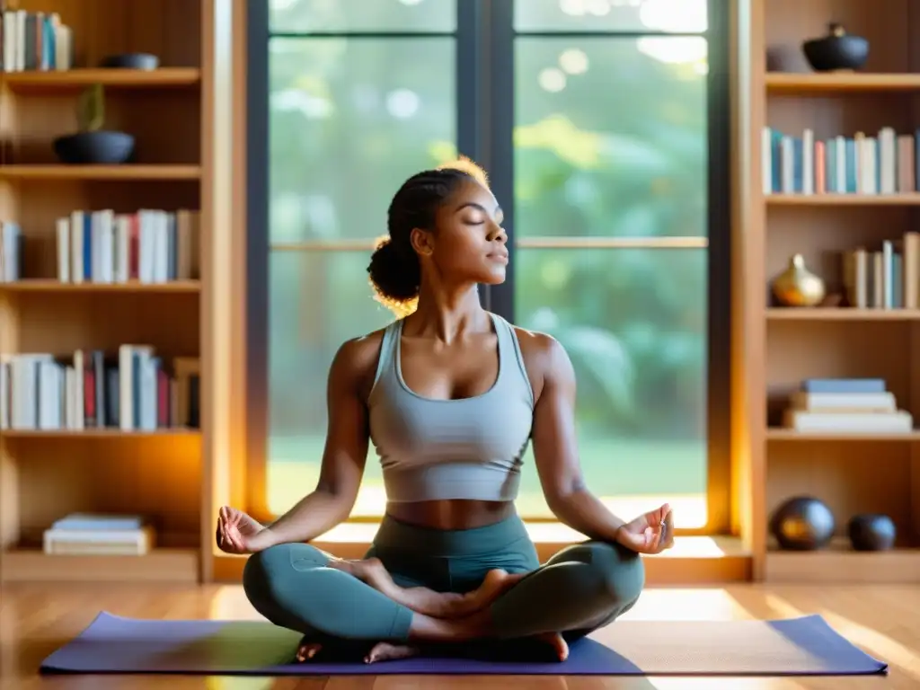 Una mujer en meditación sobre una esterilla de yoga, rodeada de luz natural y libros de bienestar