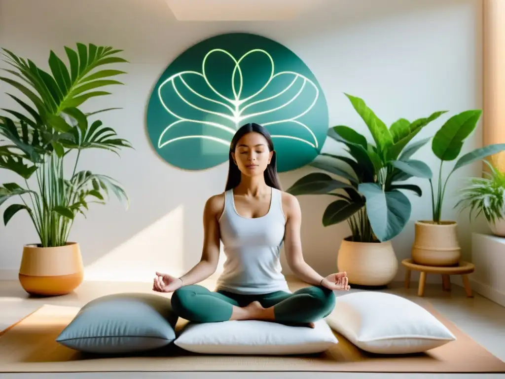 Una mujer medita en un estudio luminoso y minimalista, rodeada de plantas