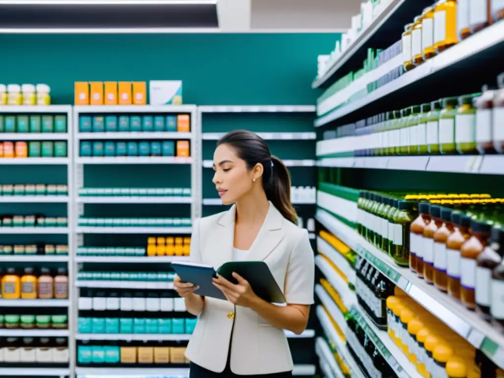 Una mujer experta evalúa suplementos inmunes en una tienda moderna, buscando maximizar beneficios