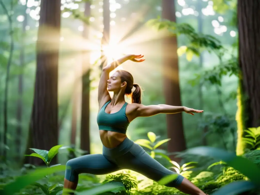 Una mujer practica yoga en un exuberante bosque verde, realizando una postura de guerrero con movimientos fuertes y expresión concentrada