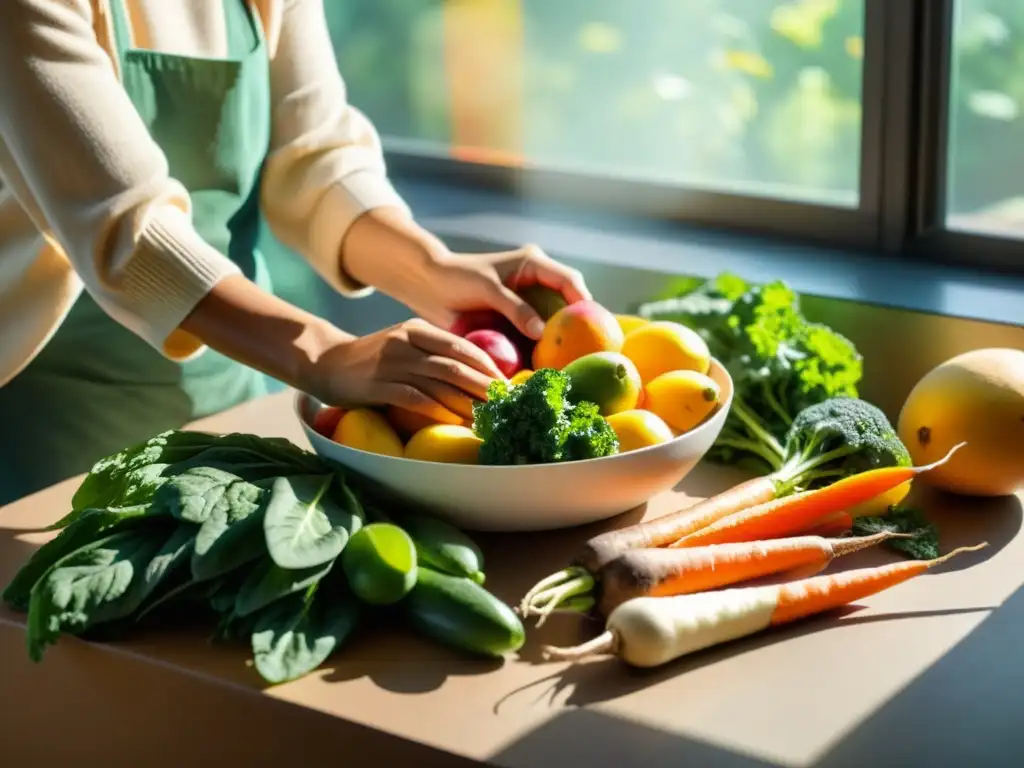 Una mujer arregla frutas y verduras coloridas en un plato, bañadas por la cálida luz del sol