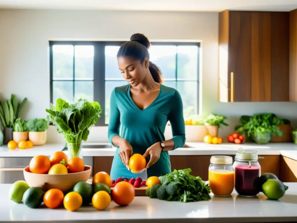 Una mujer selecciona con determinación frutas y verduras vibrantes en una cocina iluminada por el sol, preparando ingredientes para un smoothie