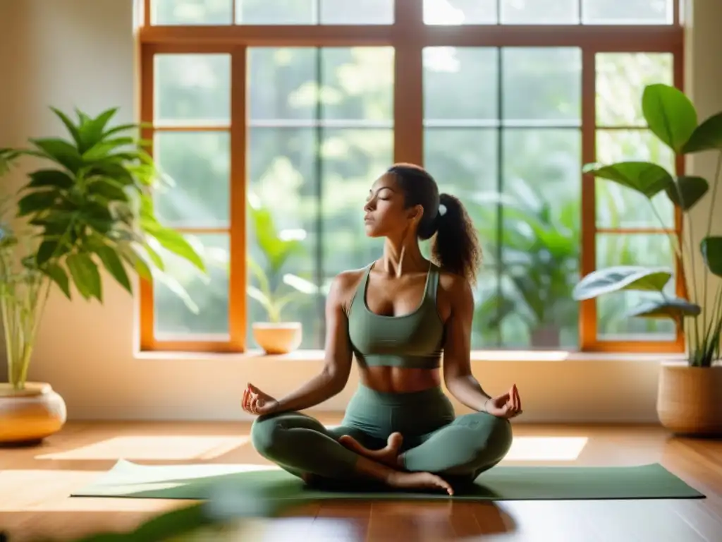 Una mujer practica yoga en una habitación iluminada por el sol, rodeada de plantas verdes