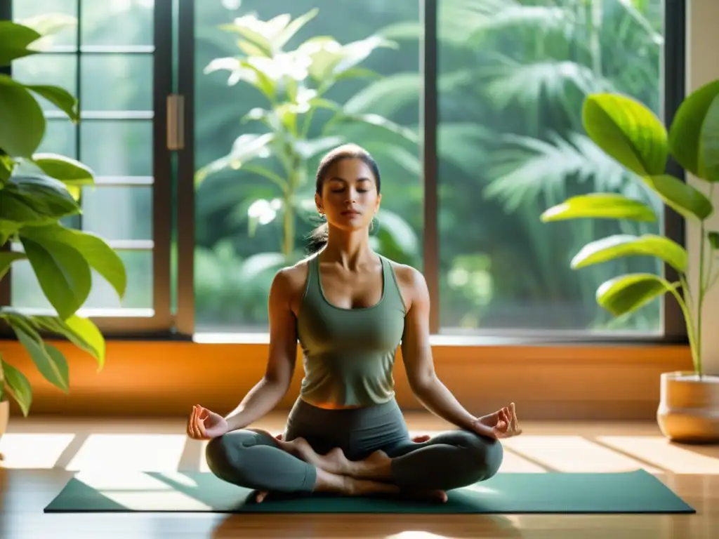 Una mujer practica yoga en una habitación iluminada por el sol, rodeada de exuberantes plantas verdes