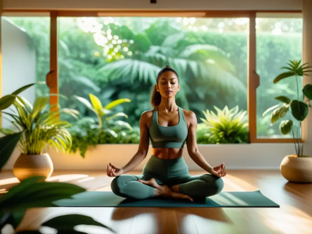 Una mujer practica yoga en una habitación soleada, rodeada de plantas, tomando un suplemento para el sistema inmunológico con agua