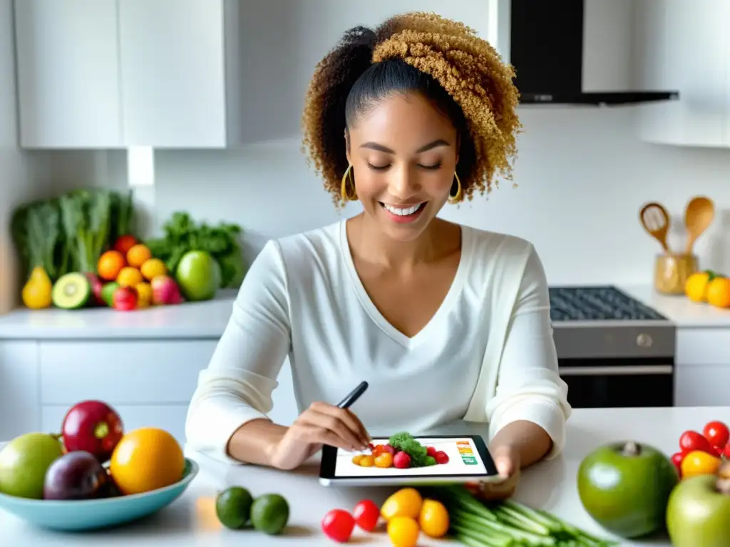 Una mujer en la isla de cocina interactúa con una app de 'Dieta personalizada para fortalecer sistema inmunológico', rodeada de alimentos frescos y coloridos