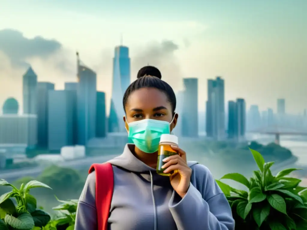 Una mujer con mascarilla sosteniendo té y vitaminas, frente a la contaminación atmosférica, reforzando su sistema inmunológico