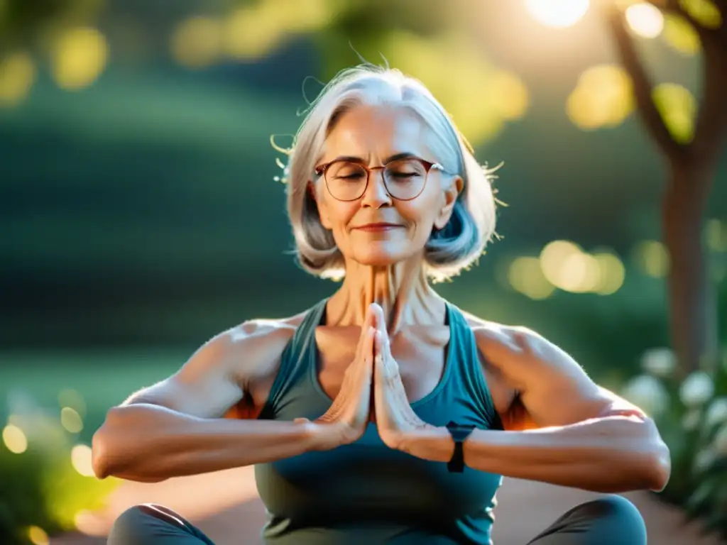 Una mujer mayor practica yoga al aire libre, irradiando vitalidad en su postura de guerrero