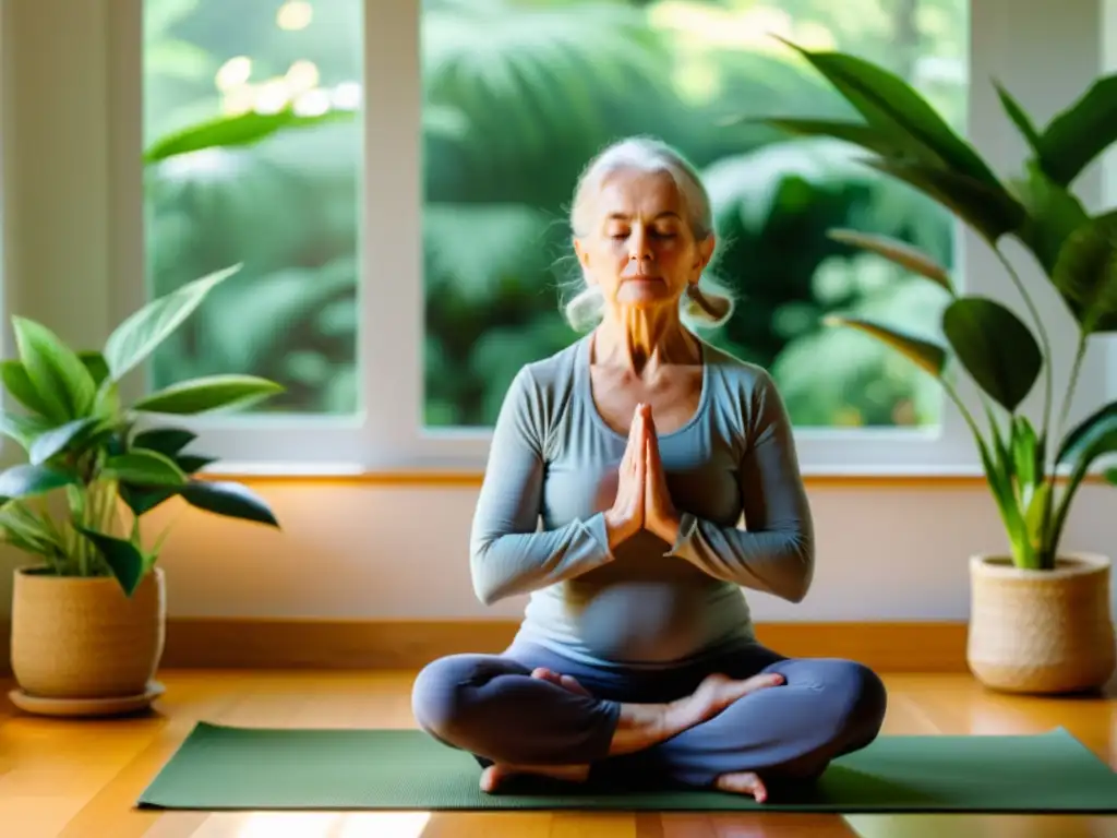 Una mujer mayor practica yoga en un ambiente soleado y lleno de plantas, reflejando vitalidad y serenidad