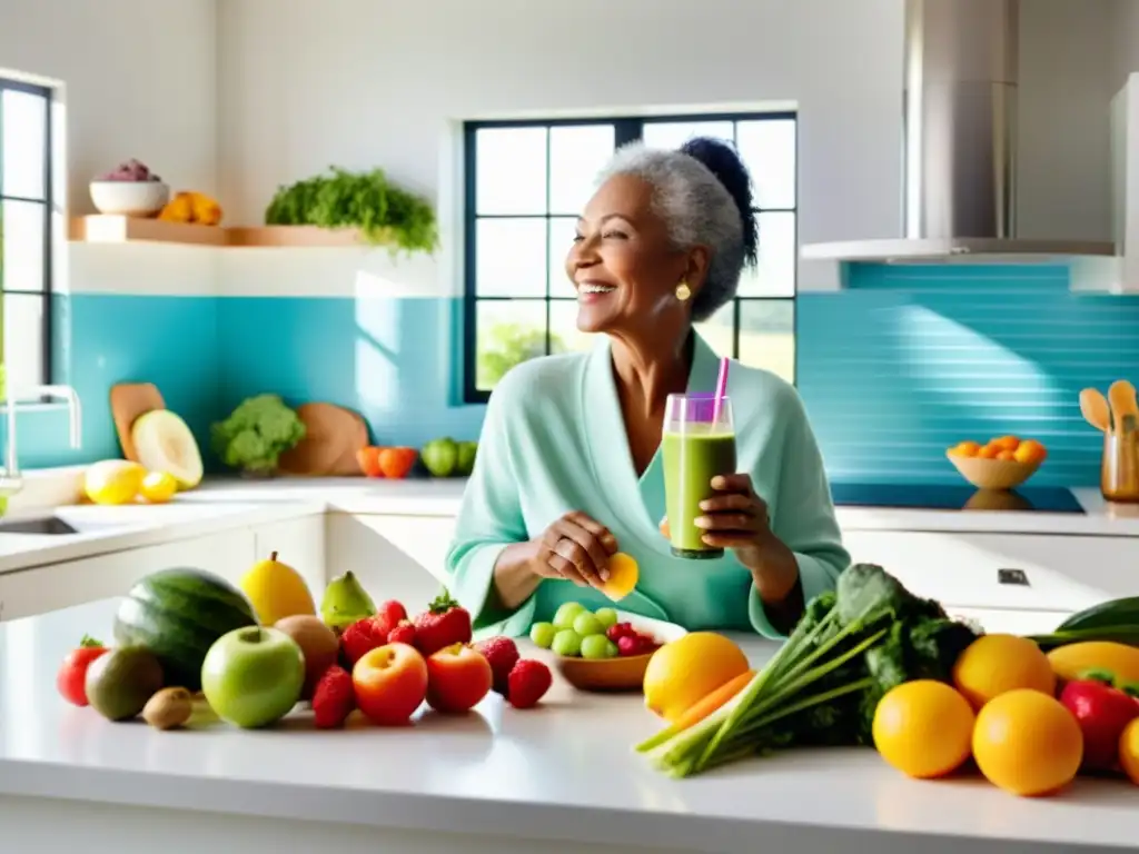 Una mujer mayor disfruta de una variedad de frutas y verduras frescas en su cocina moderna, nutrición para fortalecer sistema inmunológico