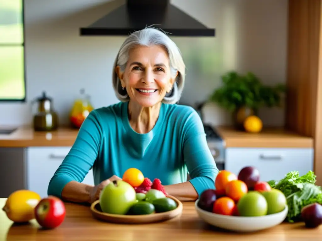 Una mujer mayor prepara una ensalada colorida en su cocina moderna, resaltando la importancia de la nutrición para el sistema inmunológico en la vejez