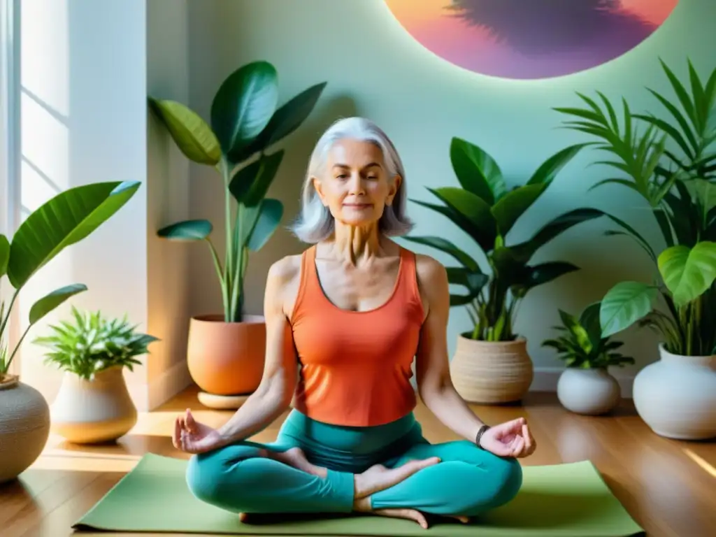 Una mujer mayor practica yoga en una habitación luminosa y llena de plantas, promoviendo el coaching sistema inmunológico tercera edad