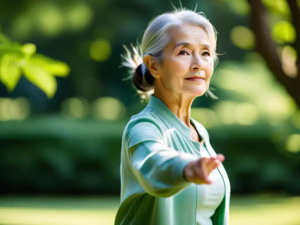 Una mujer mayor practica tai chi en un parque sereno, transmitiendo calma y bienestar