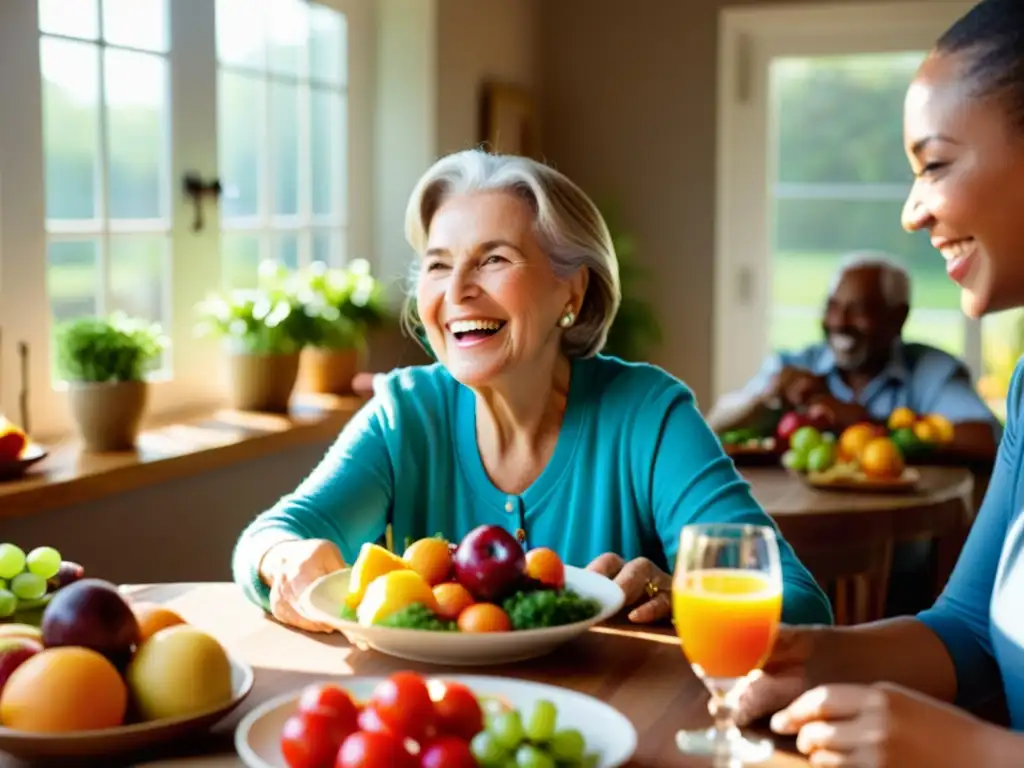 Una mujer mayor sonriente disfruta de una comida nutritiva y colorida con familiares y amigos, creando un ambiente cálido de bienestar y togetherness