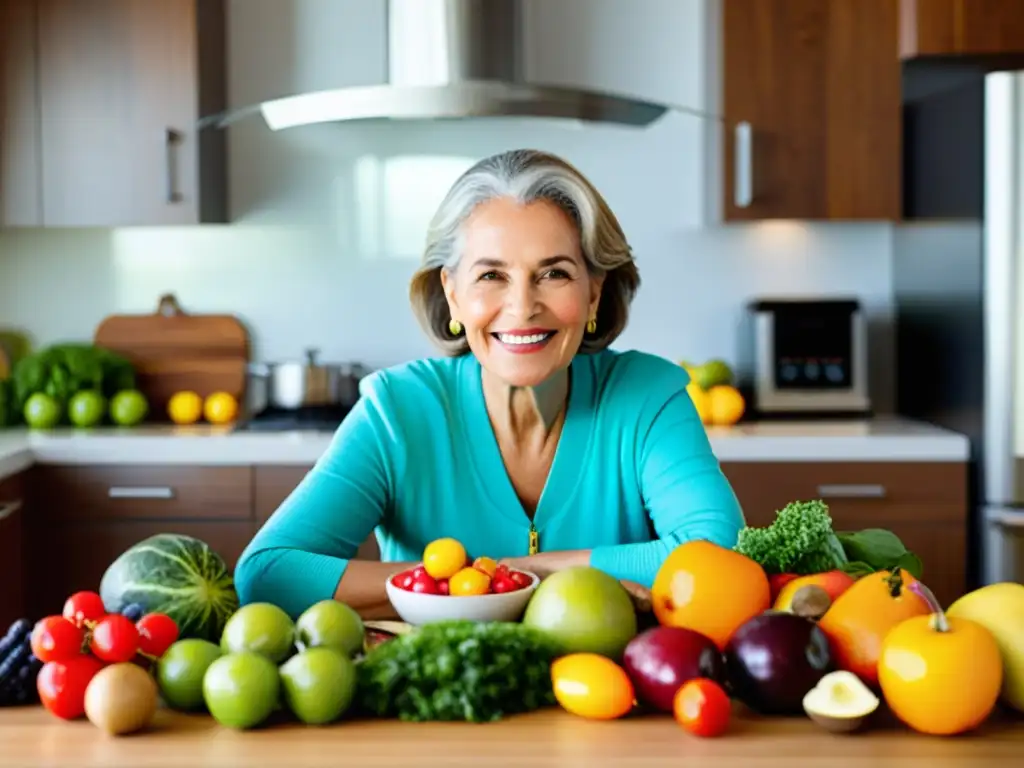 Una mujer mayor sonriente prepara una comida equilibrada rodeada de frutas, verduras y granos enteros en una cocina moderna y bien iluminada, transmitiendo vitalidad y estrategias prácticas para la nutrición en la vejez