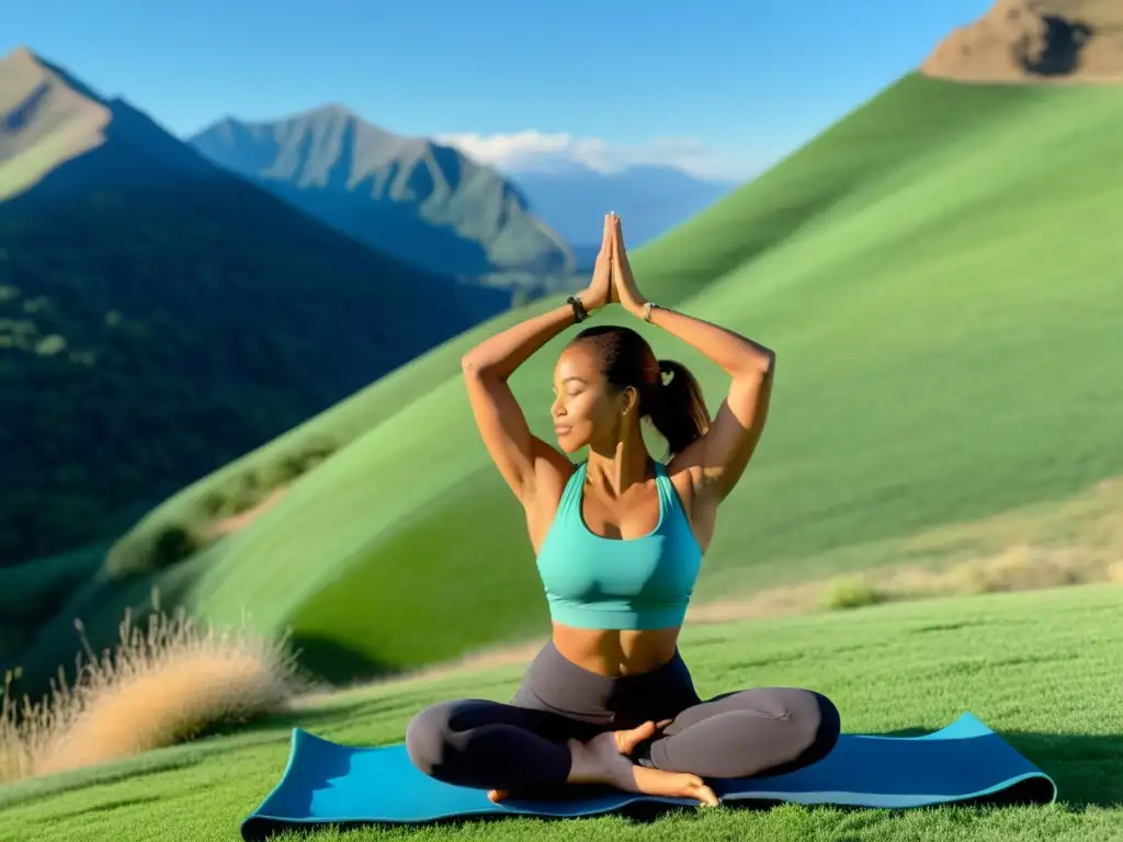 Una mujer en pose de yoga en una colina verde, bajo cielo azul