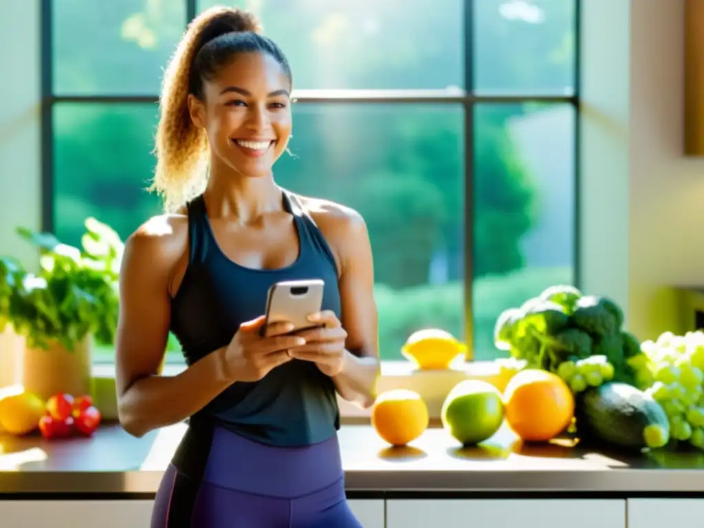 Una mujer radiante y vital, en ropa deportiva, sosteniendo un teléfono en una cocina soleada con frutas, verduras y equipo de ejercicio