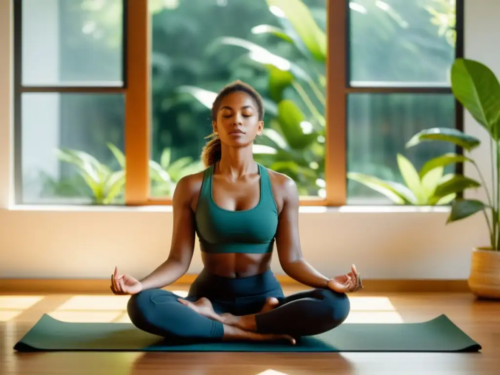 Una mujer en meditación, rodeada de plantas, en un ambiente luminoso y relajante