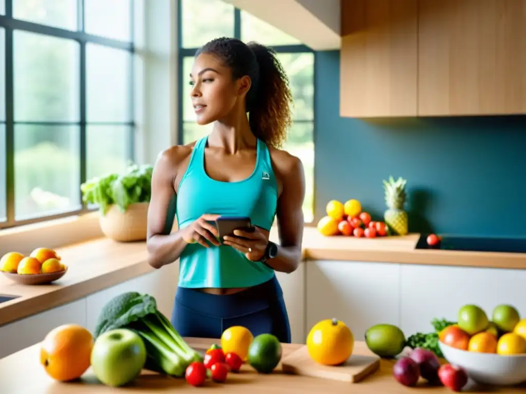 Una mujer en ropa deportiva usa una app para equilibrar sistema inmune, rodeada de alimentos frescos en una cocina soleada