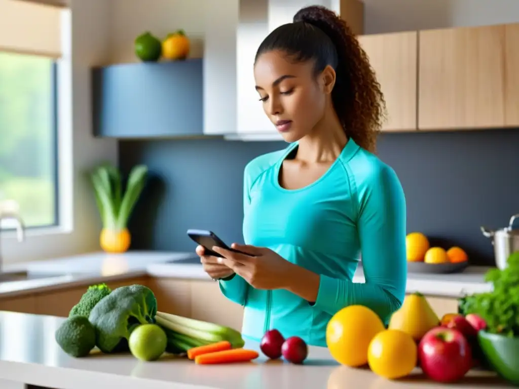 Una mujer en ropa deportiva lee una app de dieta y ejercicio en una cocina soleada, rodeada de frutas y verduras frescas