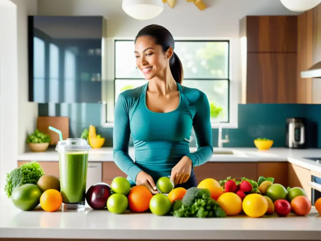 Una mujer en ropa deportiva sosteniendo un batido verde, rodeada de frutas, verduras y suplementos en una cocina luminosa, transmitiendo el concepto de sistema inmune robusto y suplementación inteligente