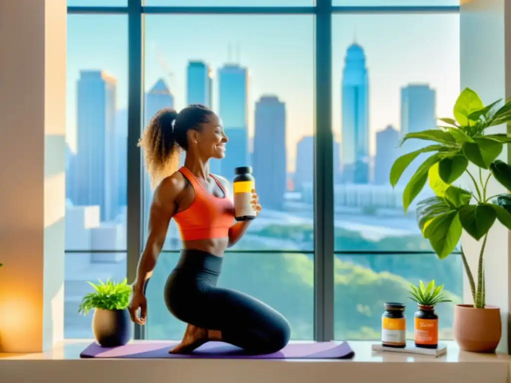 Una mujer en ropa deportiva sonríe mientras sostiene una botella de suplementos vitamínicos, rodeada de plantas en un ambiente luminoso y saludable