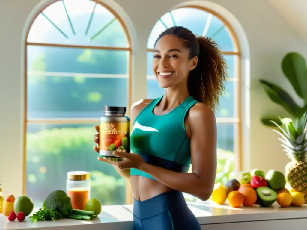 Una mujer en ropa deportiva sonríe con confianza, sosteniendo suplementos para fortalecer el sistema inmunológico en un espacio luminoso y saludable, rodeada de frutas, verduras y vitaminas