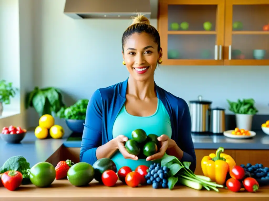 Una mujer en ropa deportiva sostiene frutas y verduras antioxidantes coloridas en una cocina soleada y vibrante