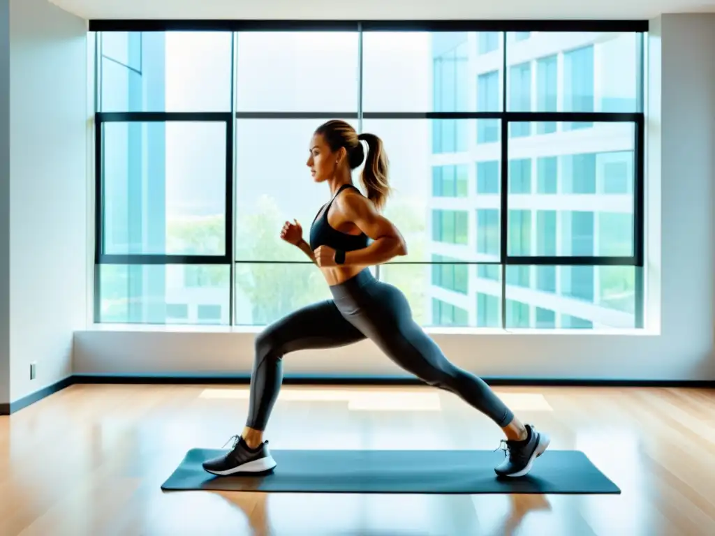 Una mujer en ropa deportiva realiza un intenso entrenamiento en un moderno gimnasio en casa, con luz natural resaltando su expresión enfocada