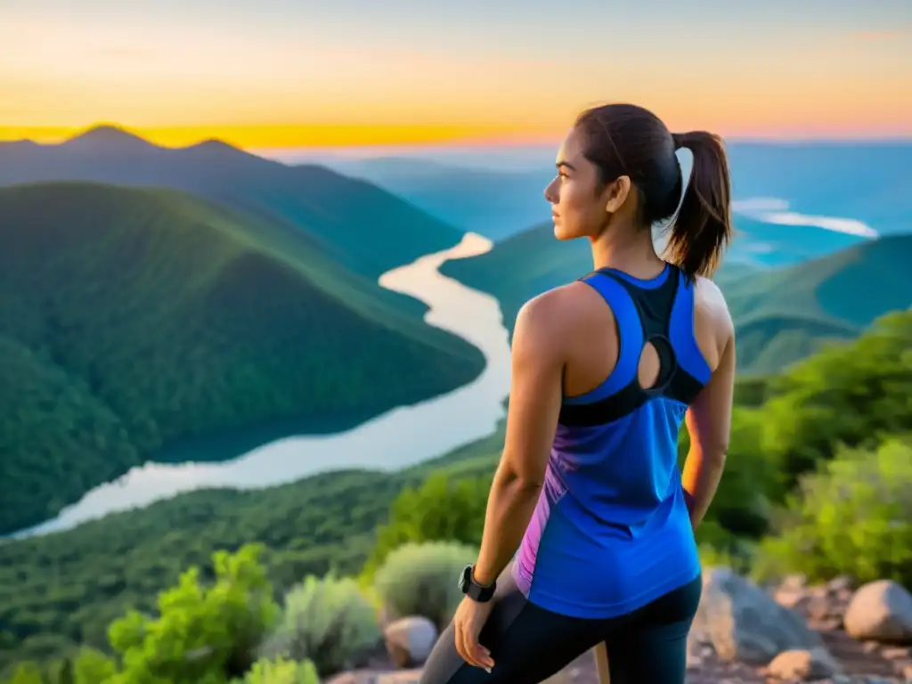 Una mujer en ropa deportiva se encuentra en una montaña al atardecer, mirando un valle tranquilo