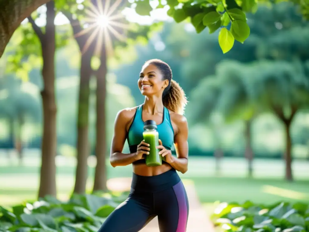 Una mujer en ropa deportiva ejercitándose en un parque verde, rodeada de árboles y luz solar entre las hojas