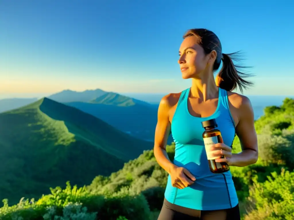 Una mujer en ropa deportiva de pie en la cima de una montaña, con un frasco de suplementos naturales, irradiando vitalidad y confianza