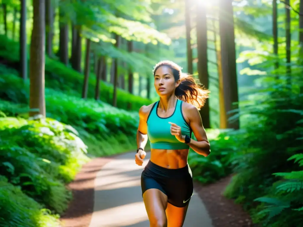 Una mujer en ropa deportiva corriendo por un sendero boscoso, rodeada de árboles verdes y luz solar filtrada