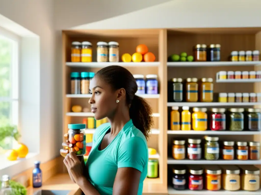 Una mujer en ropa deportiva alcanzando suplementos nutricionales en una cocina moderna llena de alimentos saludables