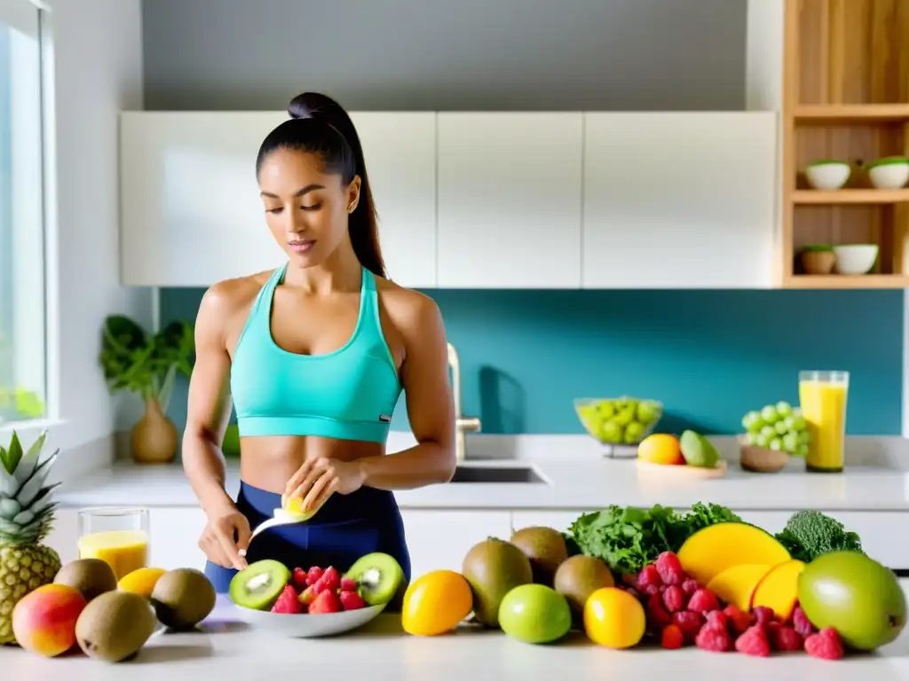 Una mujer en ropa deportiva prepara un tazón de smoothie saludable en una cocina luminosa, rodeada de frutas frescas y verduras