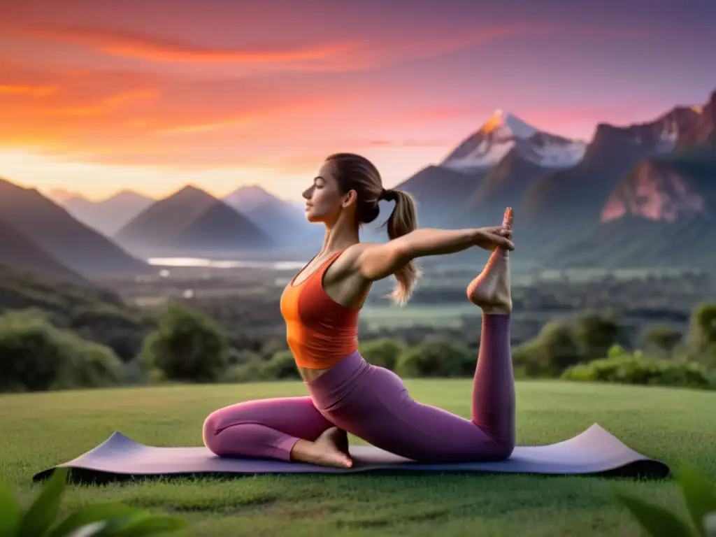 Mujer en ropa deportiva practicando yoga al atardecer en un campo, rodeada de naturaleza, transmitiendo tranquilidad y vitalidad