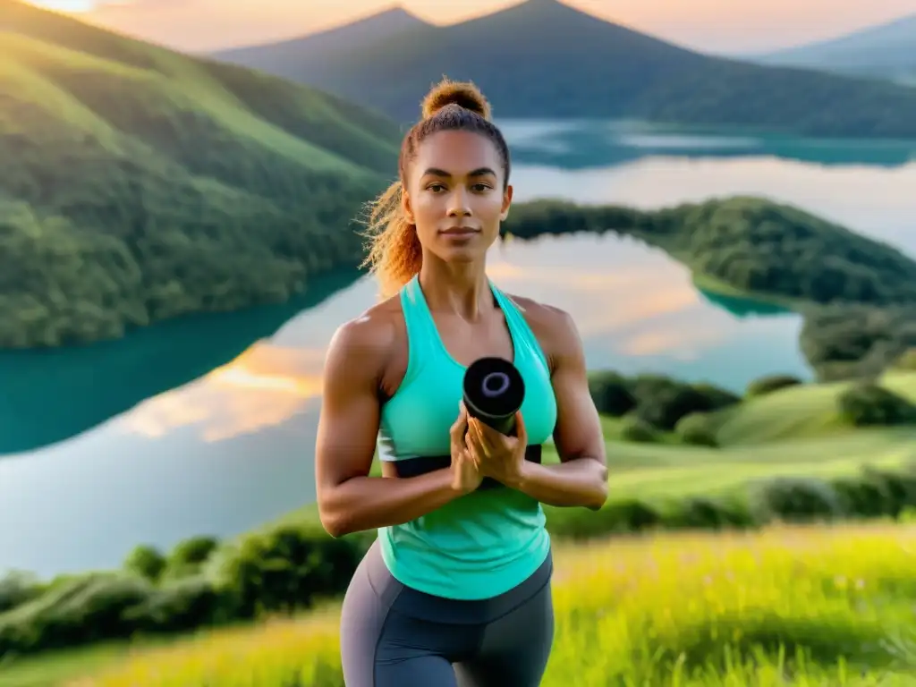 Una mujer en ropa de ejercicio moderna, de pie en una colina verde vibrante con vista a un lago sereno al atardecer