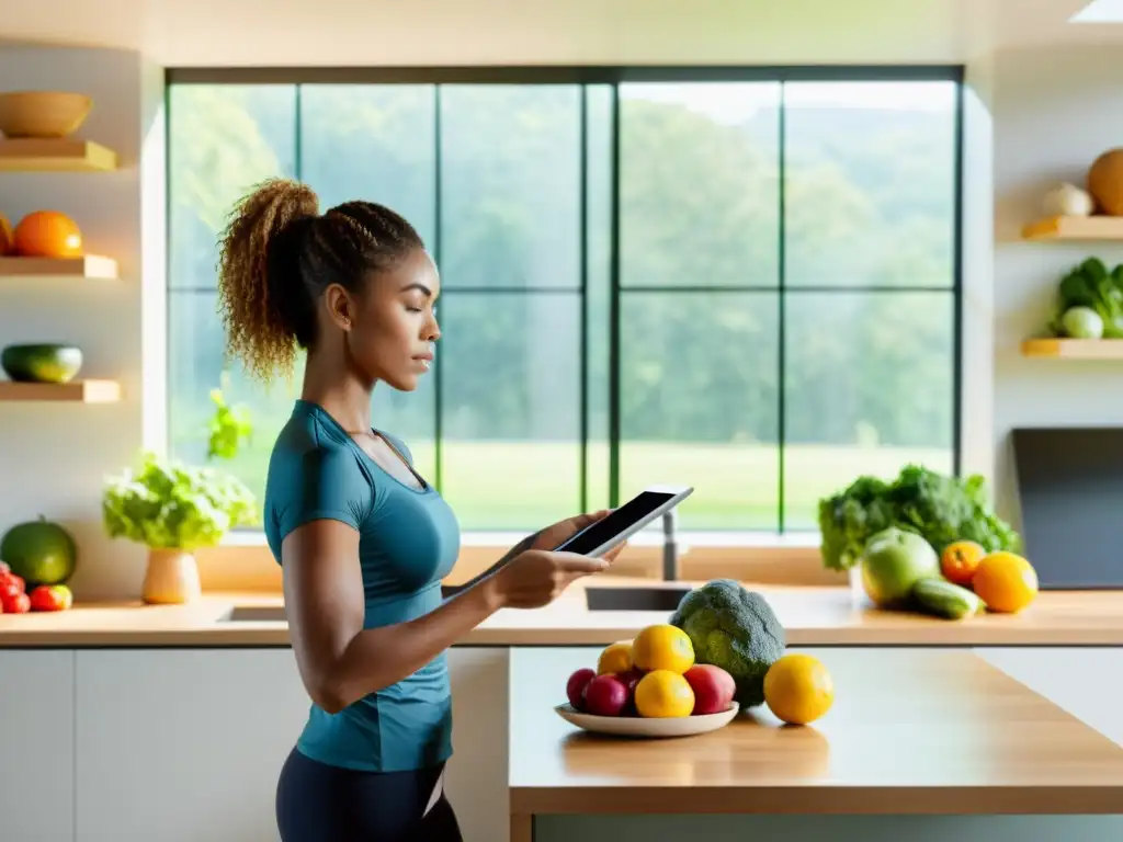 Una mujer segura y determinada usa una app de fitness en una cocina moderna y luminosa, rodeada de frutas y verduras frescas