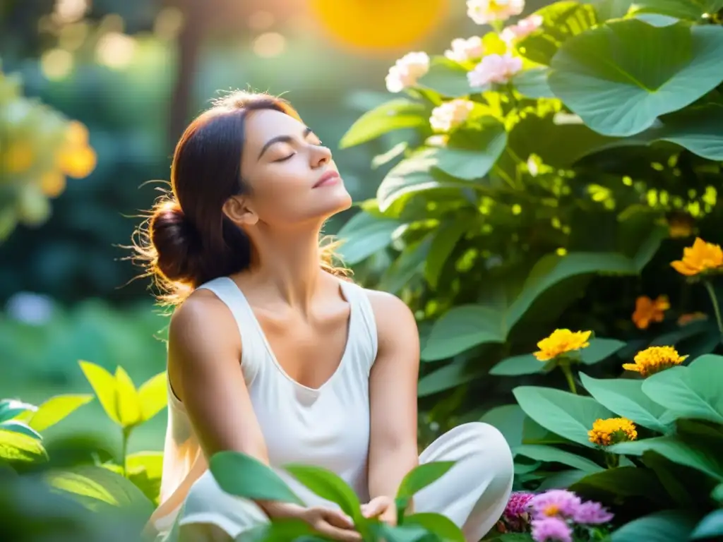 Una mujer practica mindfulness en un jardín sereno rodeada de flores vibrantes y exuberante vegetación