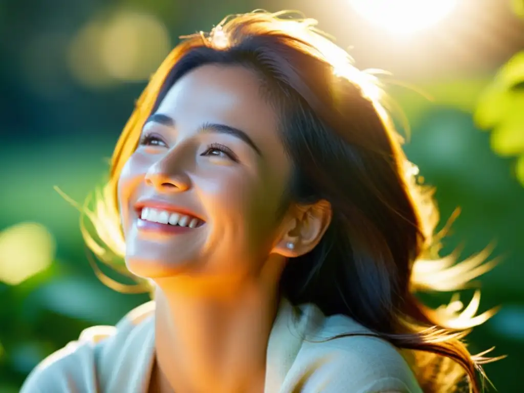 Una mujer sonriente disfruta del cálido sol en la naturaleza, resaltando la importancia de la vitamina D para el sistema inmunológico