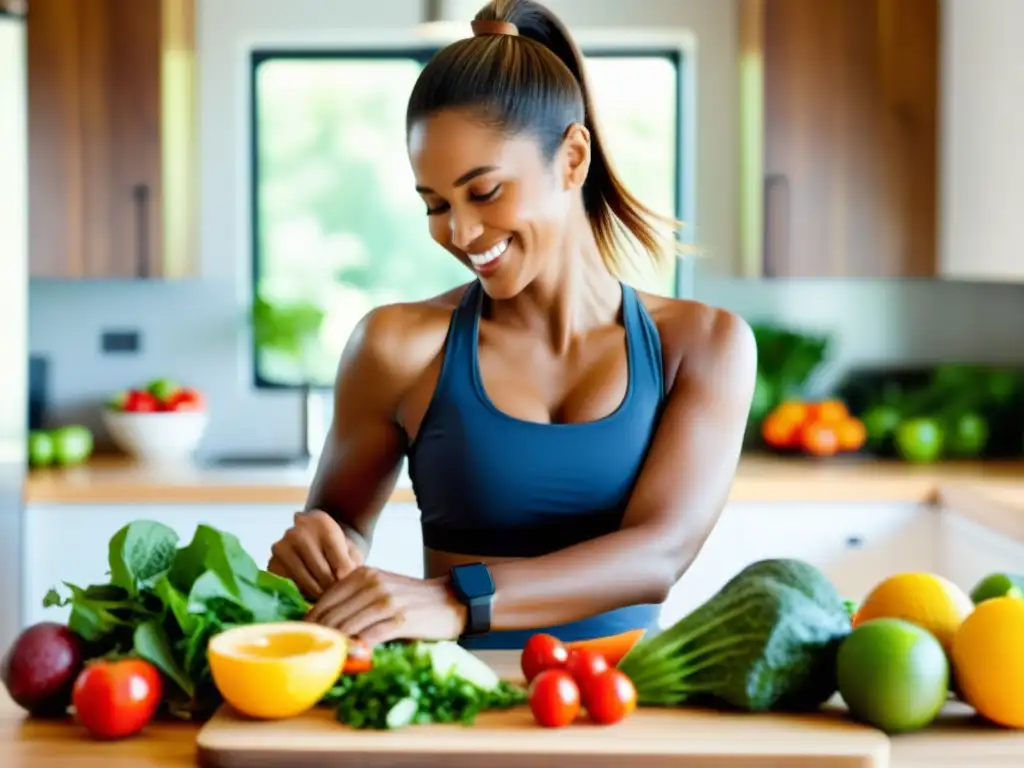 Una mujer sonriente organiza ingredientes saludables en su cocina soleada