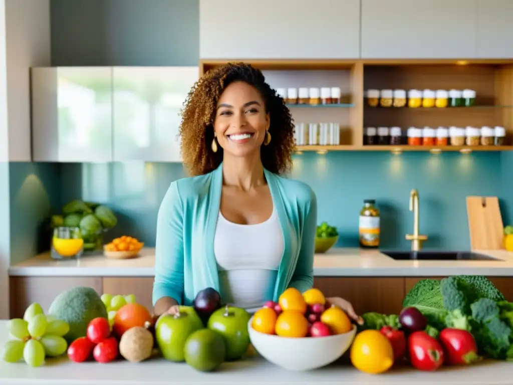 Una mujer sonriente y radiante en una cocina soleada, rodeada de frutas, verduras y suplementos para maximizar beneficios suplementos inmunidad