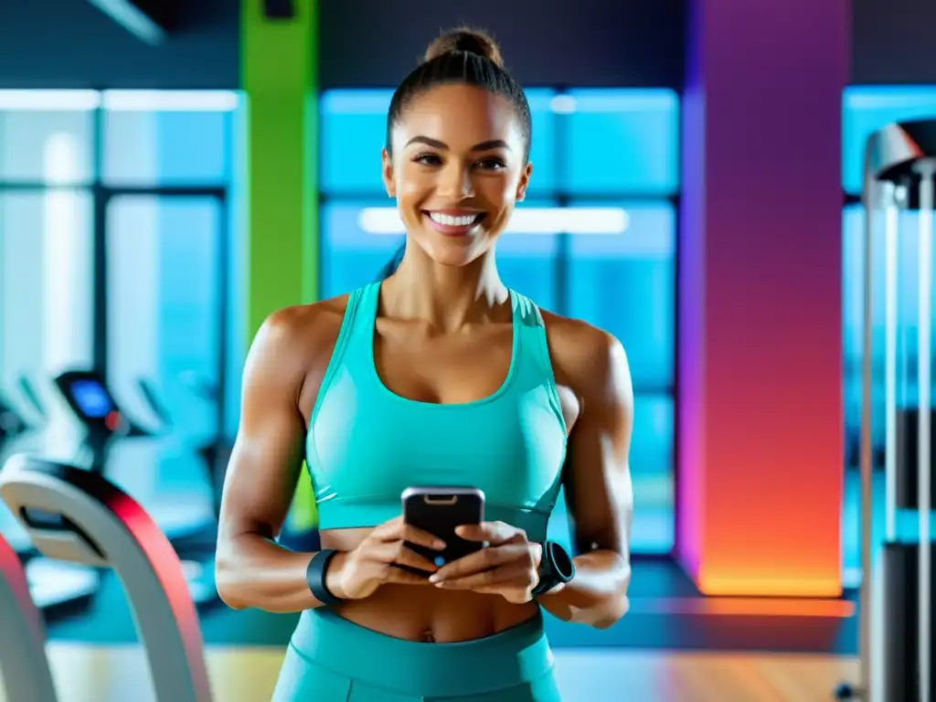 Una mujer sonriente sigue una rutina dinámica en un moderno gimnasio, interactuando con una app de ejercicio